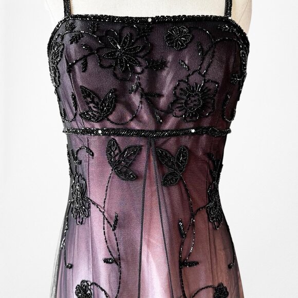 Vintage Plum Brown Floral Beaded Satin Gradient Mesh Maxi Prom Dress Size S - Picture 6 of 11